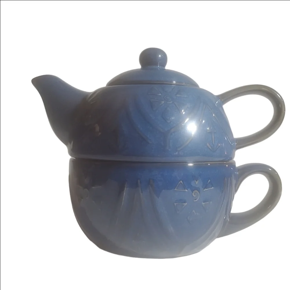 Vintage PIER 1 'Tea For One' Ceramic Stonewear Teapot Tea Cup Set Blue EUC
